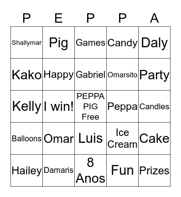 Kelly's 8th Birthday Bingo Card