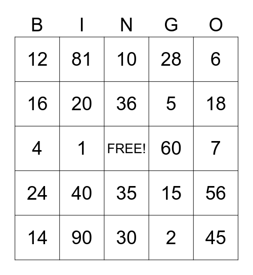 Multiplication Products Bingo Card