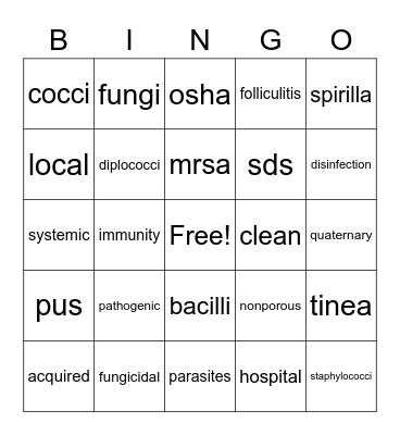 Infection Control Bingo Card