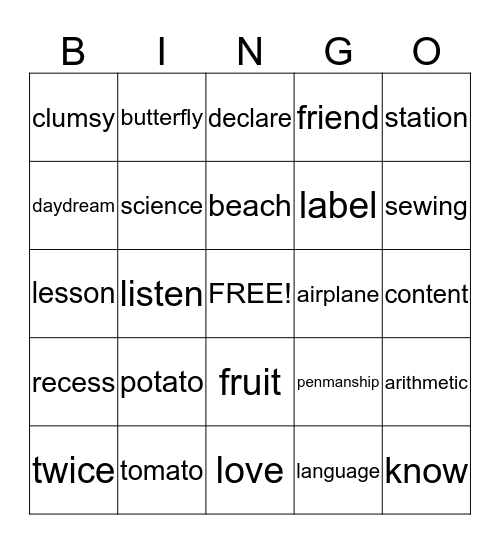 Spelling 3 - Lesson 2 Bingo Card