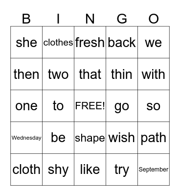 Spelling 2 - Lesson 2 Bingo Card