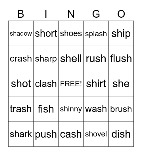 Sh words Bingo Card