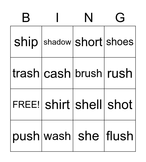 Sh words Bingo Card