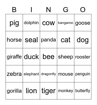 Animals Bingo Card