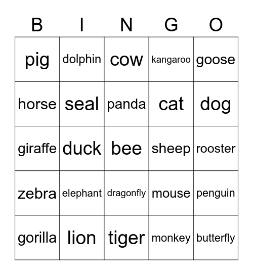 Animals Bingo Card