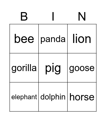 Animals Bingo Card