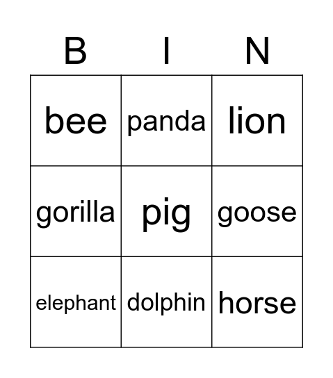 Animals Bingo Card