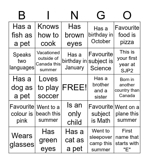 Get to know your classmates !!!! Bingo Card