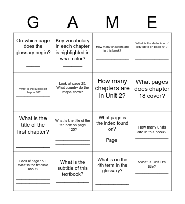 Textbook Scavenger Hunt Bingo Card