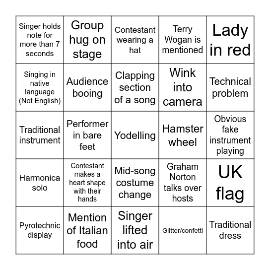 Eurovision 2022 Bingo Card