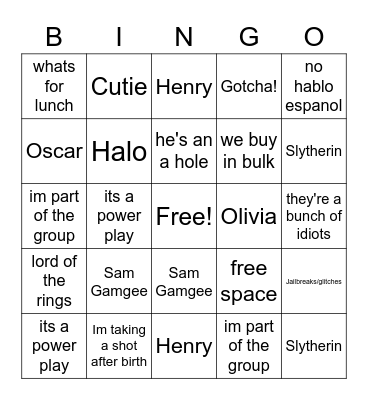 Samantha Bingo Card