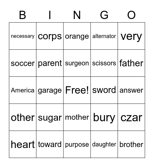 r controlled sight words Bingo Card