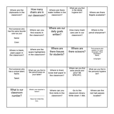 Classroom Scavenger Hunt Bingo Card