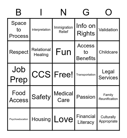 Labor Trafficking Survivor Needs Bingo Card