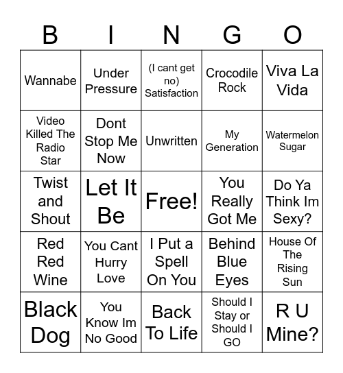 British Hits #1 Bingo Card