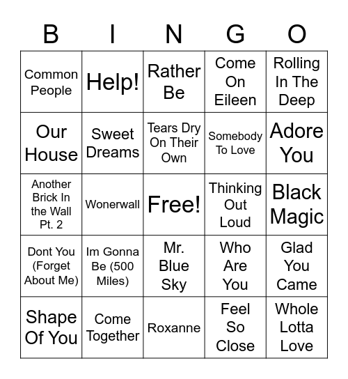 British Hits #2 Bingo Card