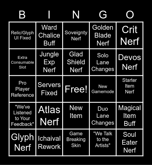 Season 9.5 Patch Notes Bingo Card