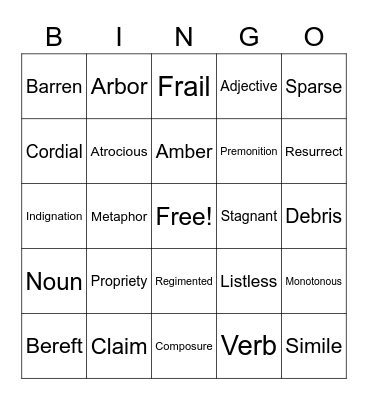 Vocabulary Bingo Card