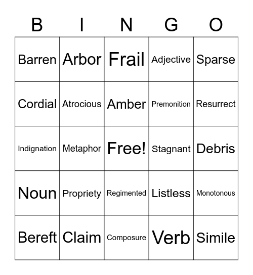 Vocabulary Bingo Card