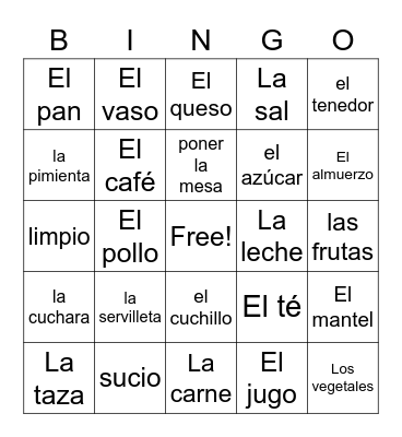 Food and At the Table - SPANISH Bingo Card