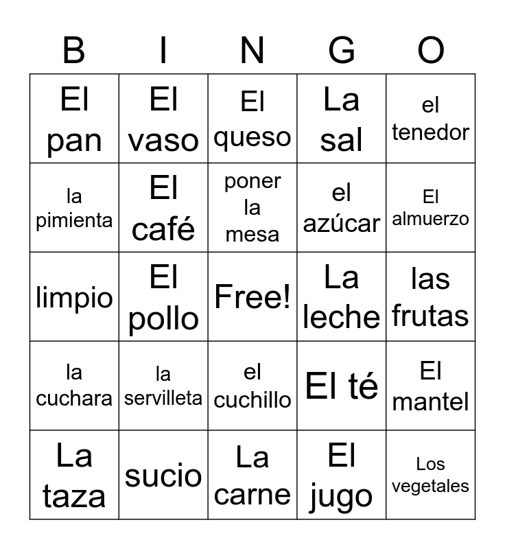 Food and At the Table SPANISH Bingo Card