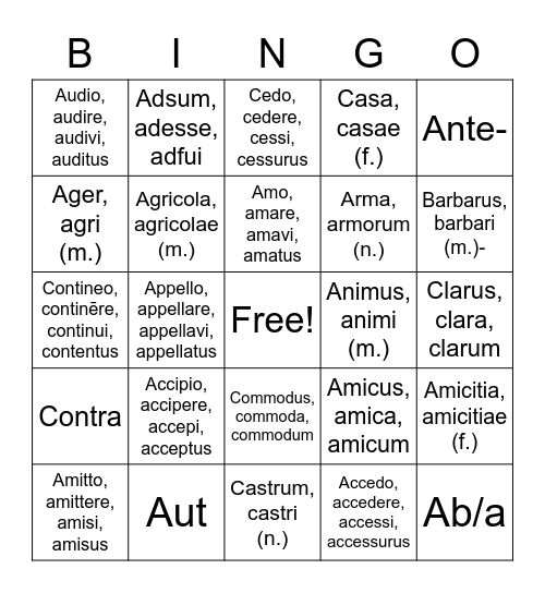 VOCAB Bingo Card