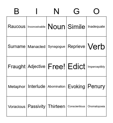 Vocabulary Bingo Card