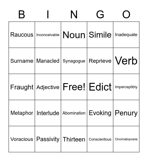 Vocabulary Bingo Card