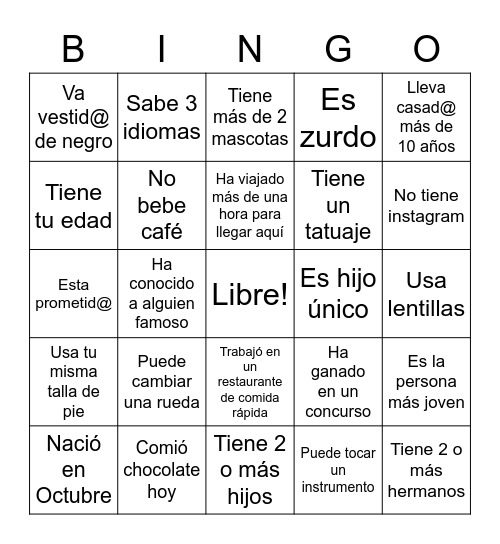 BINGO DE PERSONAS Bingo Card