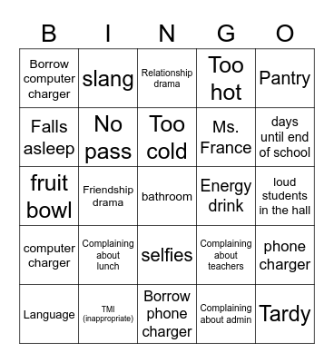 HOPE Class Shenanigans BINGO Card