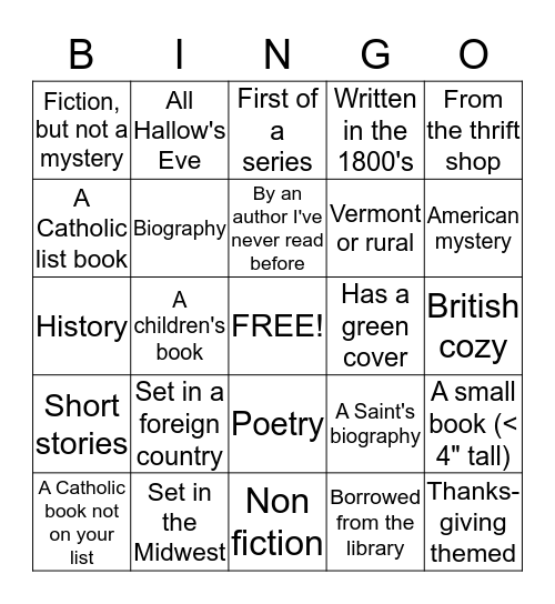 Labor Day to Advent Bingo Card