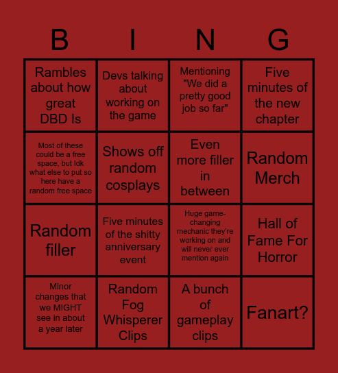 Dead By Daylight 6 Year Anniversary Livestream Bingo Card