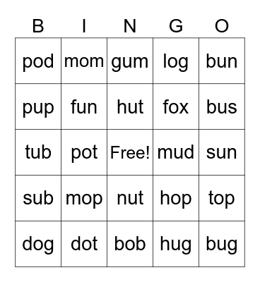 Short Vowels O and U Bingo Card