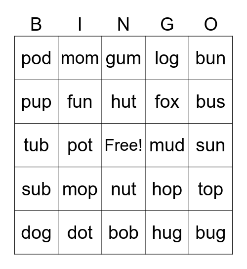 Short Vowels O and U Bingo Card
