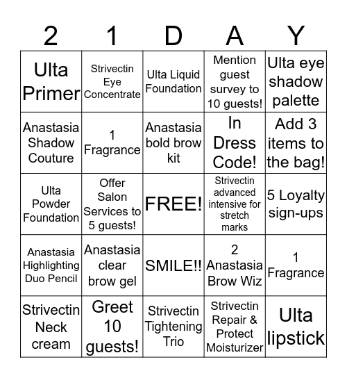 ULTA 21 DAYS OF BEAUTY!! Bingo Card