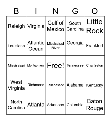 Southeastern States Bingo Card