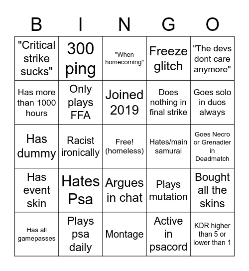 PSATARDS Bingo Card