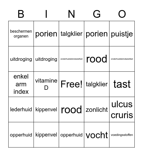 de huid Bingo Card