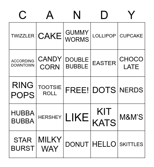 Candy & Dessert Bingo Card