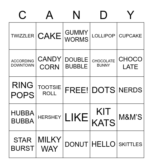 Candy & Dessert Bingo Card