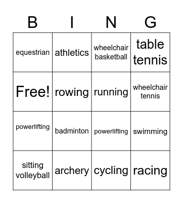 PARALYPICS Bingo Card