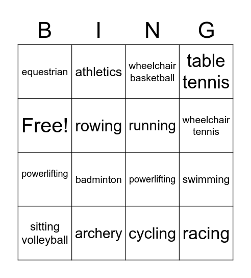 PARALYPICS Bingo Card