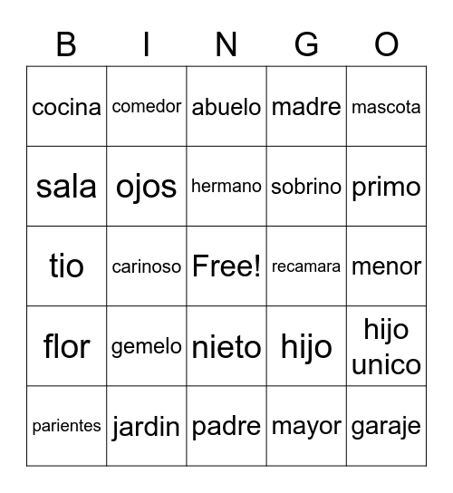 La familia y la casa Bingo Card