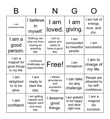 Beach Babes Affirmations Bingo Card