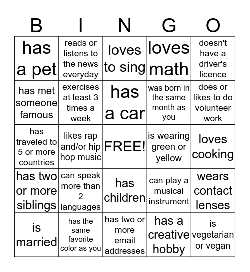 Get 5 in any row and you win! Write the first name of the person in each square Bingo Card