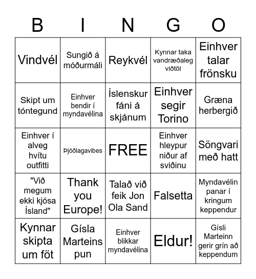 Eurovision bingó Bingo Card