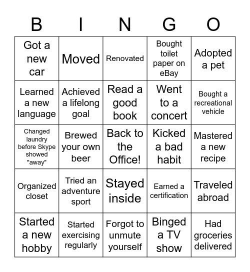 Welcome Back! Bingo Card