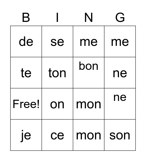 Les mots Bingo Card