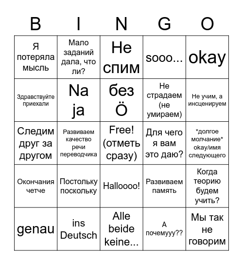 Обухова бинго Bingo Card