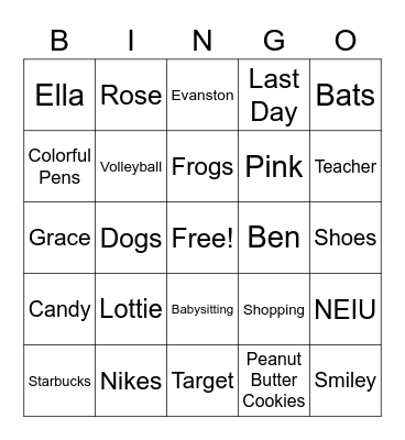 Ms. Kaminski Bingo Card